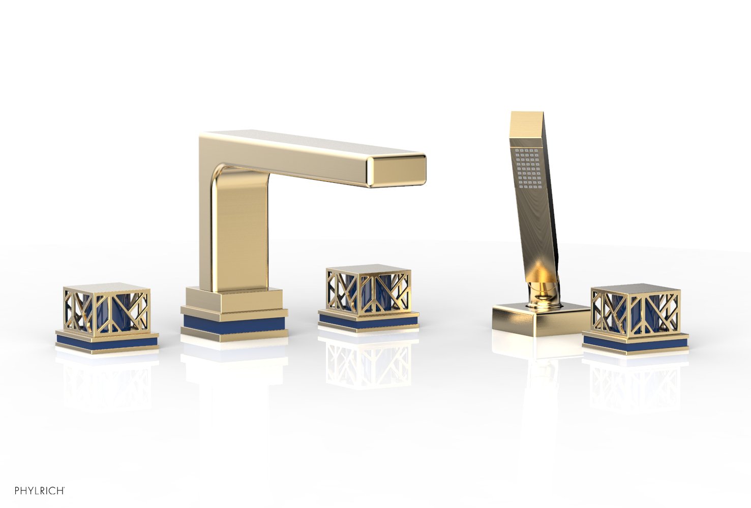 1-3/8" - Polished Nickel - JOLIE Deck Tub Set with Hand Shower - Square Handles with "Navy Blue" Accents 222-49 by Phylrich - New York Hardware