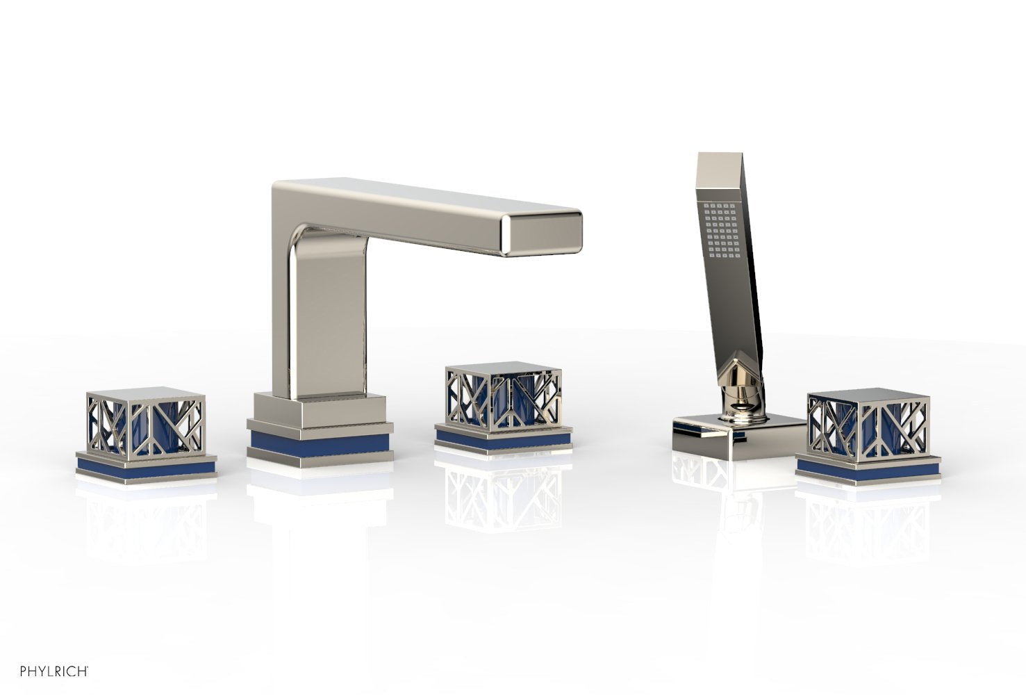 1-3/8" - Matte Black - JOLIE Deck Tub Set with Hand Shower - Square Handles with "Navy Blue" Accents 222-49 by Phylrich - New York Hardware