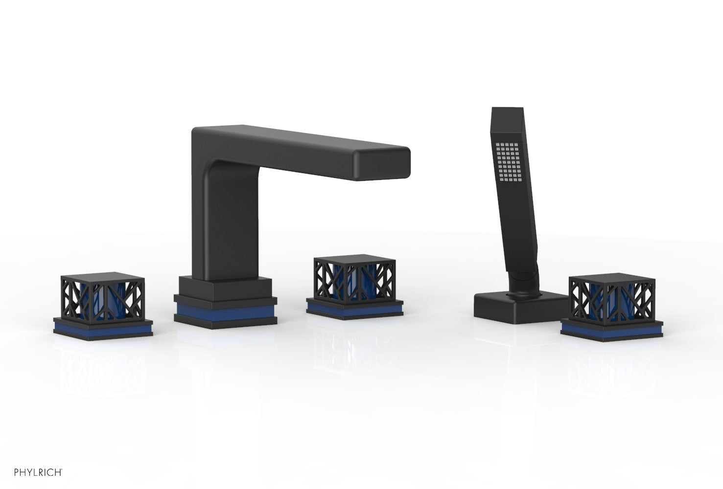 1-3/8" - Satin Nickel - JOLIE Deck Tub Set with Hand Shower - Square Handles with "Navy Blue" Accents 222-49 by Phylrich - New York Hardware