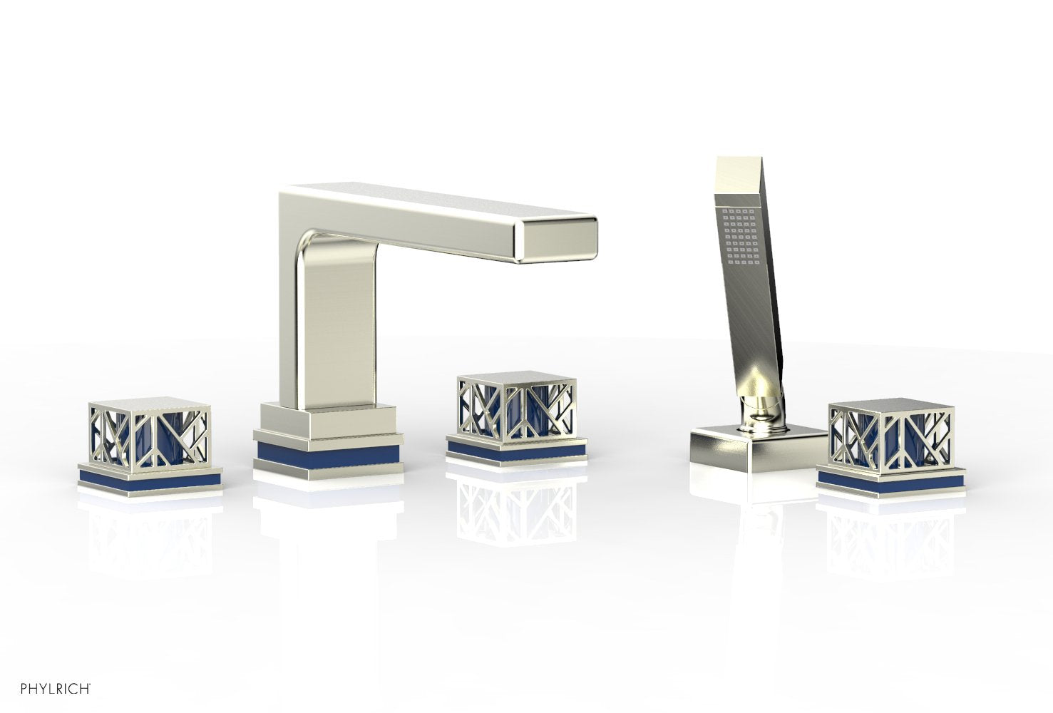 1-3/8" - Polished Brass - JOLIE Deck Tub Set with Hand Shower - Square Handles with "Navy Blue" Accents 222-49 by Phylrich - New York Hardware