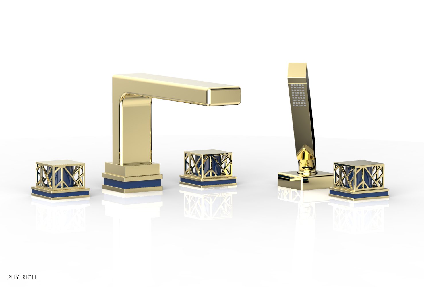 1-3/8" - French Brass - JOLIE Deck Tub Set with Hand Shower - Square Handles with "Navy Blue" Accents 222-49 by Phylrich - New York Hardware