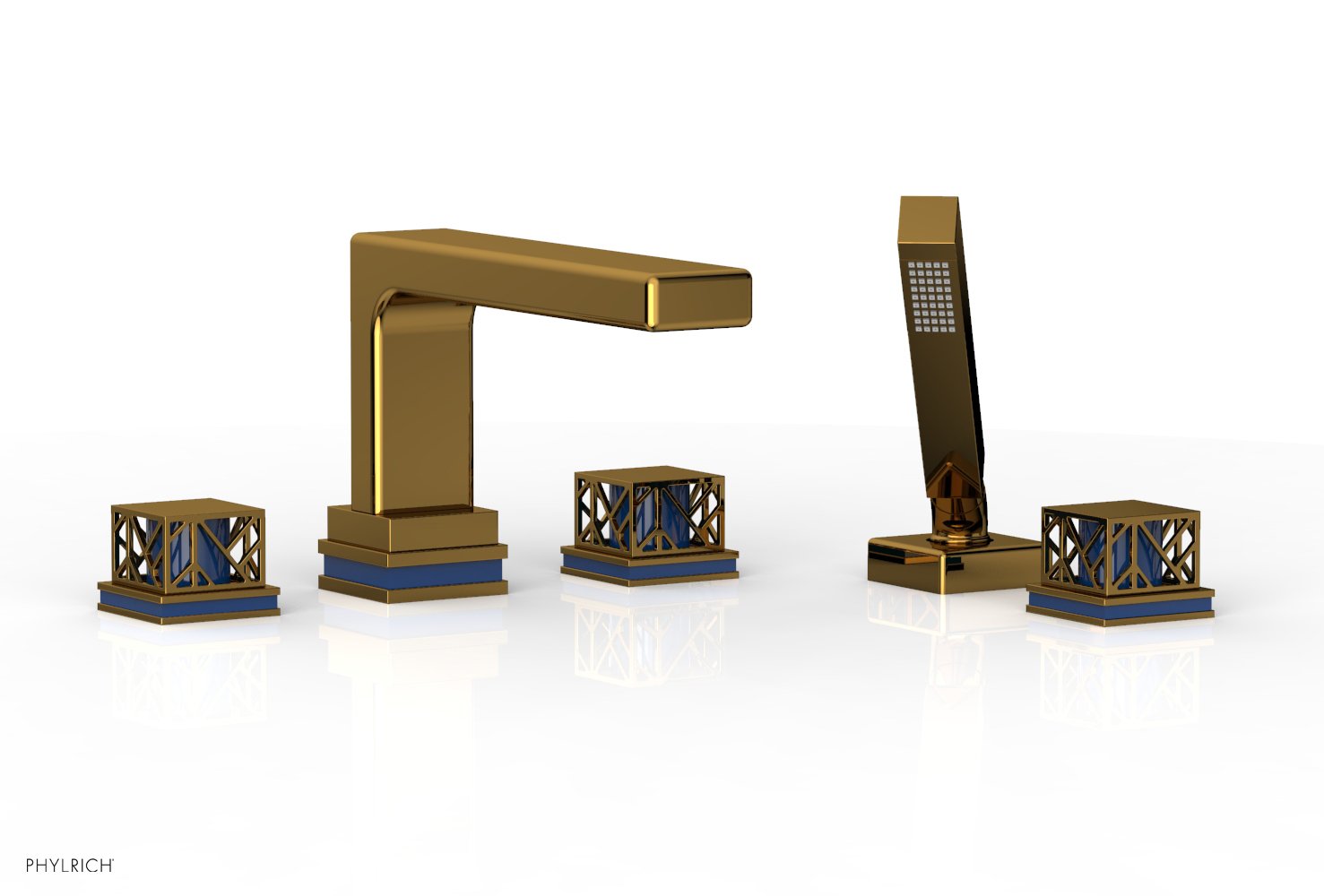 1-3/8" - Polished Gold - JOLIE Deck Tub Set with Hand Shower - Square Handles with "Navy Blue" Accents 222-49 by Phylrich - New York Hardware