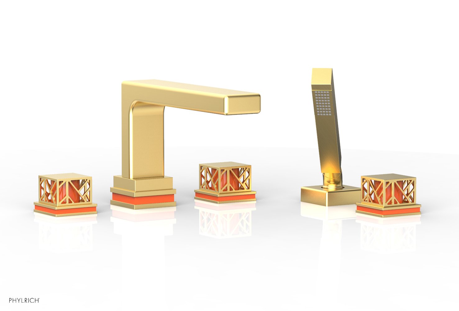 1-3/8" - Burnished Gold - JOLIE Deck Tub Set with Hand Shower - Square Handles with "Orange" Accents 222-49 by Phylrich - New York Hardware