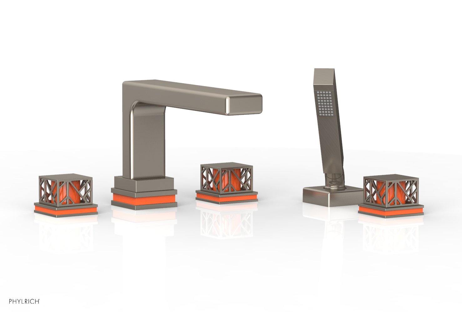 1-3/8" - Pewter - JOLIE Deck Tub Set with Hand Shower - Square Handles with "Orange" Accents 222-49 by Phylrich - New York Hardware