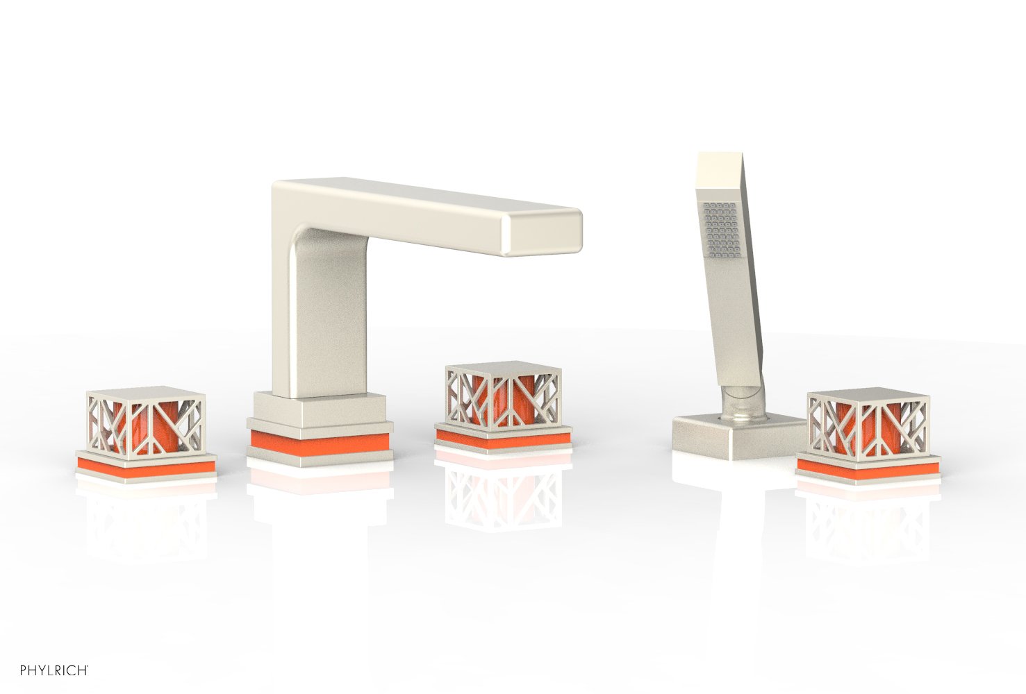 1-3/8" - Burnished Nickel - JOLIE Deck Tub Set with Hand Shower - Square Handles with "Orange" Accents 222-49 by Phylrich - New York Hardware