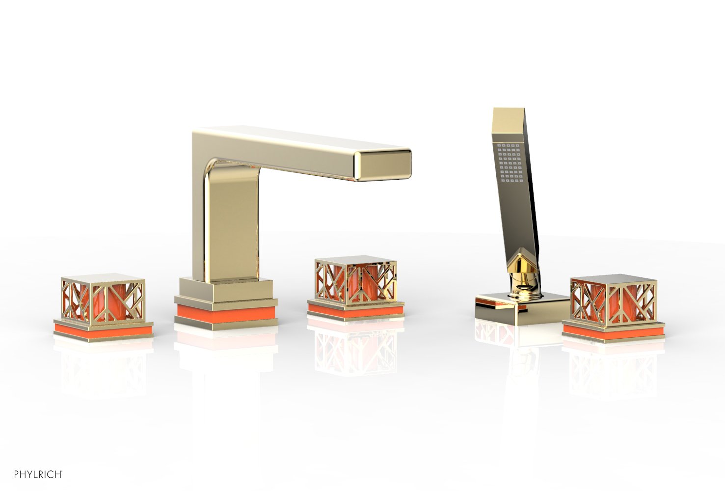 1-3/8" - Polished Brass Uncoated - JOLIE Deck Tub Set with Hand Shower - Square Handles with "Orange" Accents 222-49 by Phylrich - New York Hardware