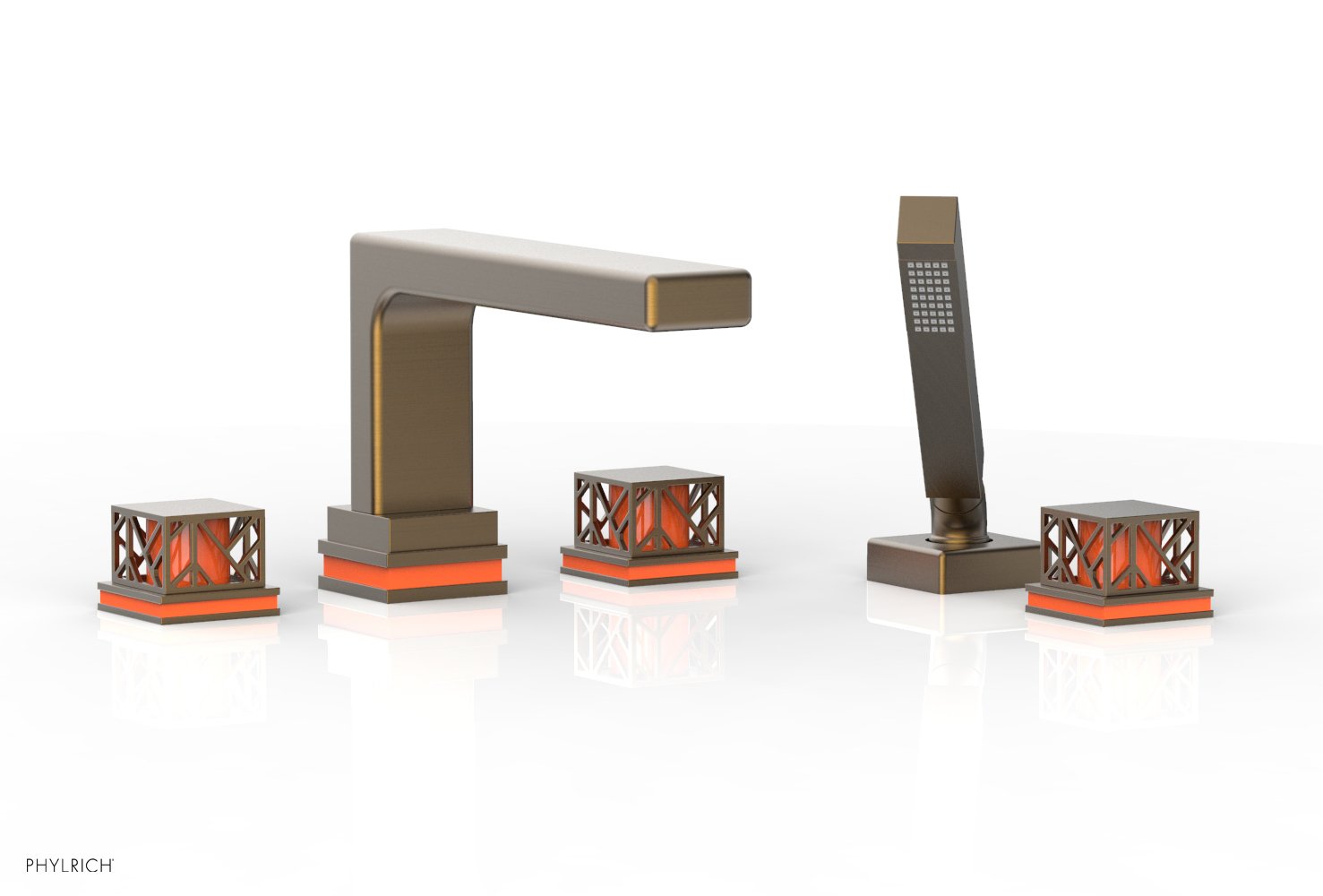 1-3/8" - Old English Brass - JOLIE Deck Tub Set with Hand Shower - Square Handles with "Orange" Accents 222-49 by Phylrich - New York Hardware