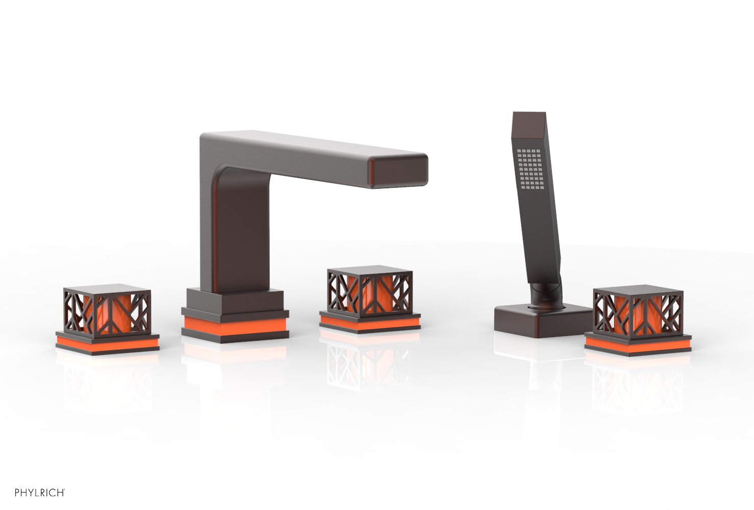 1-3/8" - Weathered Copper - JOLIE Deck Tub Set with Hand Shower - Square Handles with "Orange" Accents 222-49 by Phylrich - New York Hardware