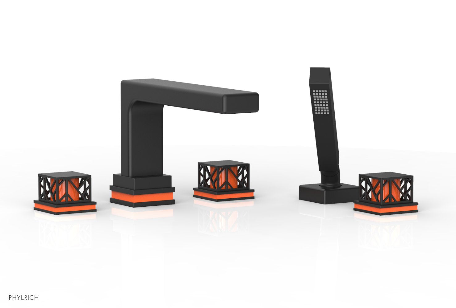 1-3/8" - Satin Nickel - JOLIE Deck Tub Set with Hand Shower - Square Handles with "Orange" Accents 222-49 by Phylrich - New York Hardware