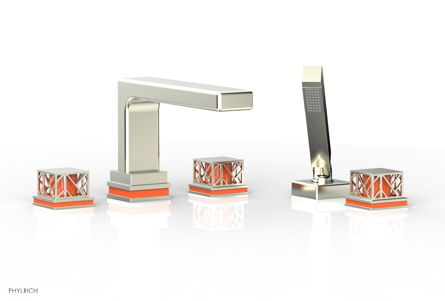 1-3/8" - Polished Brass - JOLIE Deck Tub Set with Hand Shower - Square Handles with "Orange" Accents 222-49 by Phylrich - New York Hardware