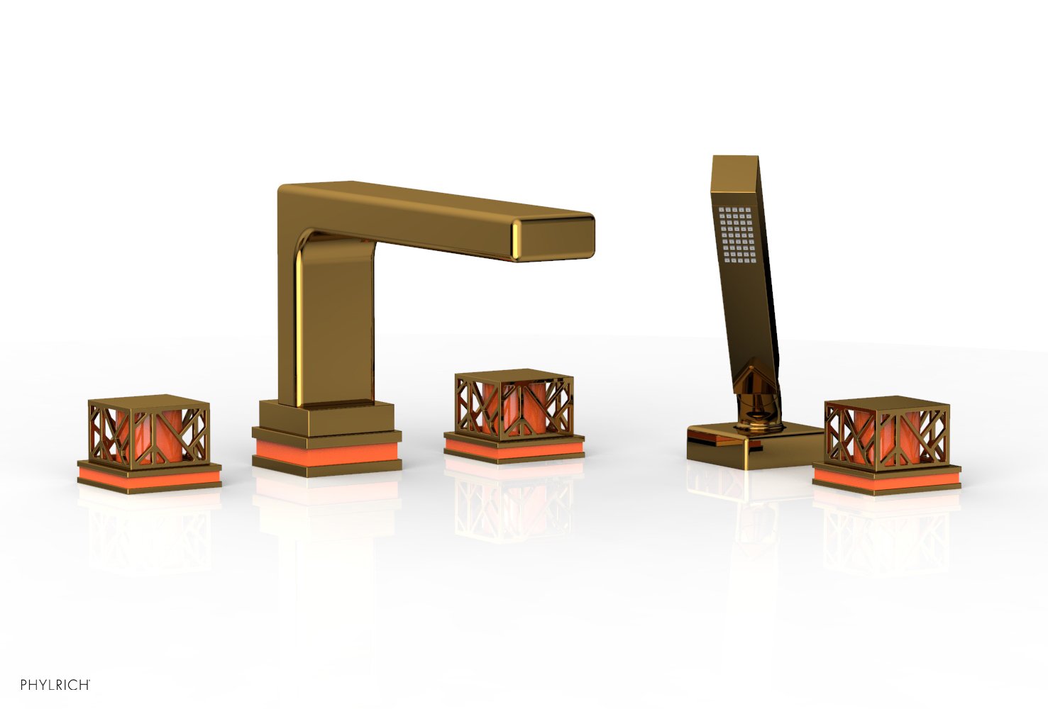 1-3/8" - Polished Gold - JOLIE Deck Tub Set with Hand Shower - Square Handles with "Orange" Accents 222-49 by Phylrich - New York Hardware