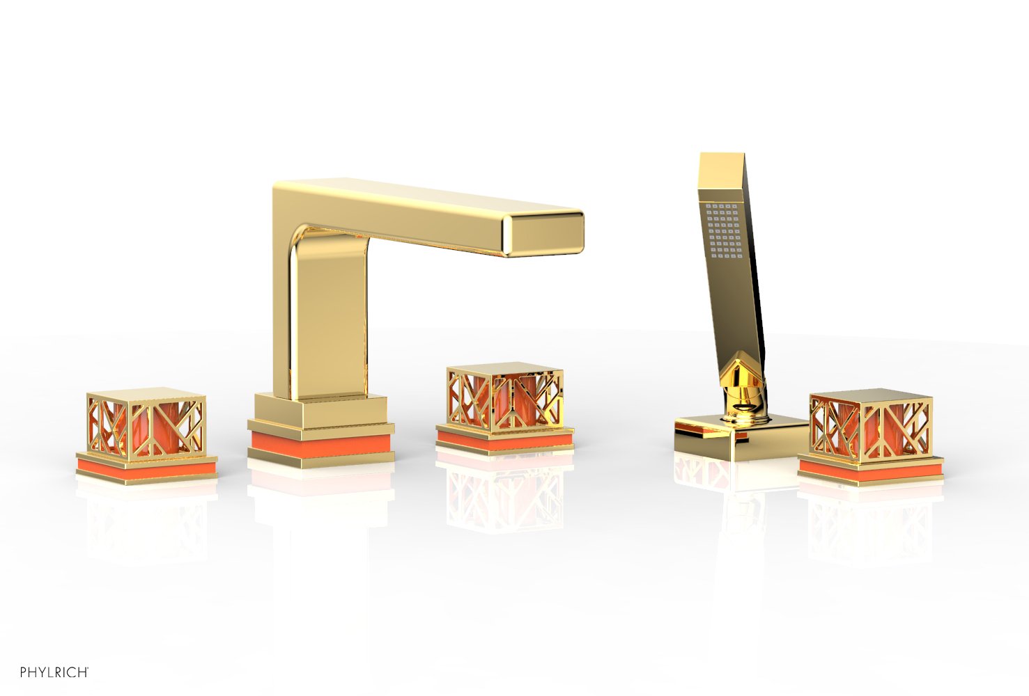 1-3/8" - Satin Gold - JOLIE Deck Tub Set with Hand Shower - Square Handles with "Orange" Accents 222-49 by Phylrich - New York Hardware
