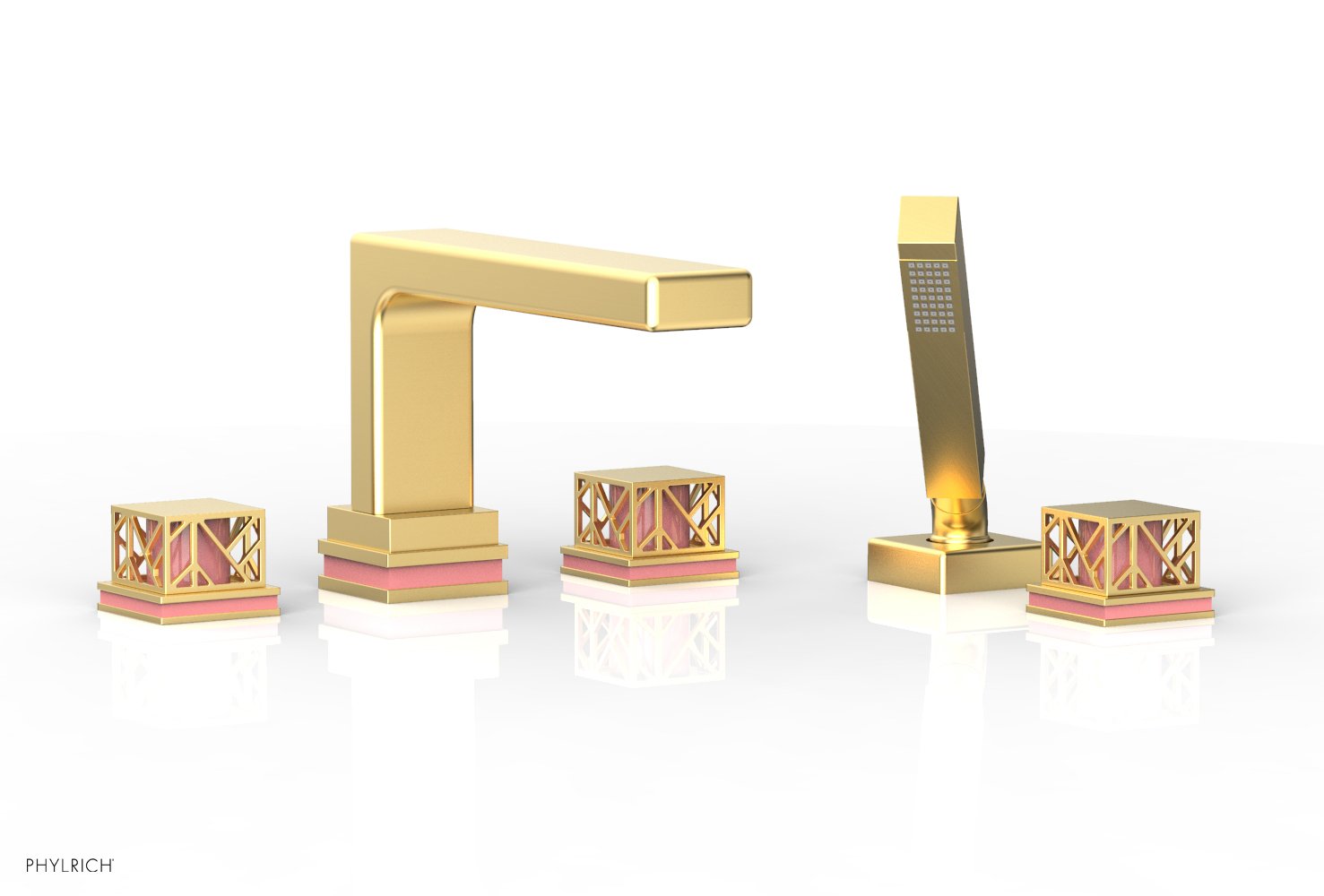 1-3/8" - Satin Chrome - JOLIE Deck Tub Set with Hand Shower - Square Handles with "Pink" Accents 222-49 by Phylrich - New York Hardware