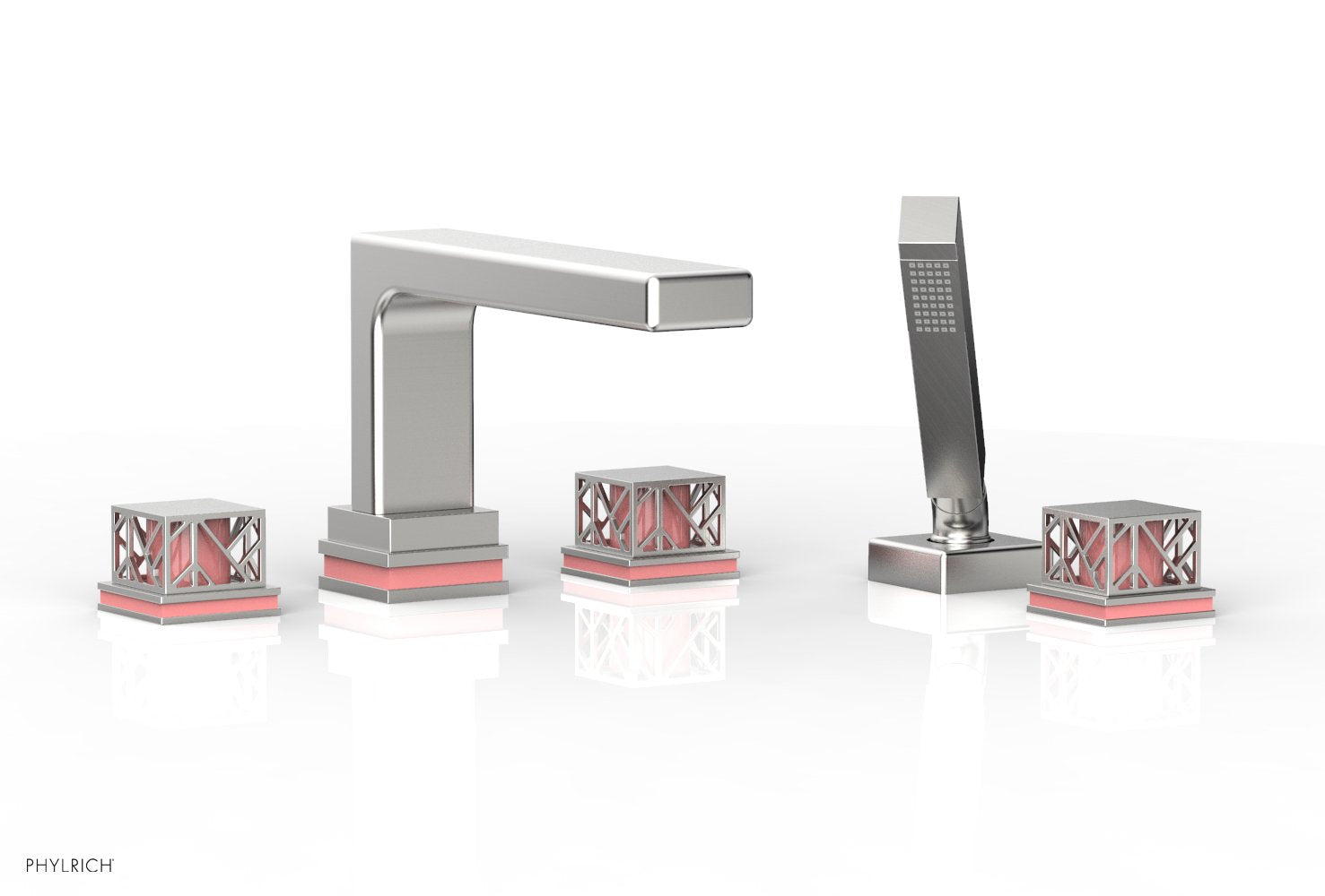 1-3/8" - Pewter - JOLIE Deck Tub Set with Hand Shower - Square Handles with "Pink" Accents 222-49 by Phylrich - New York Hardware