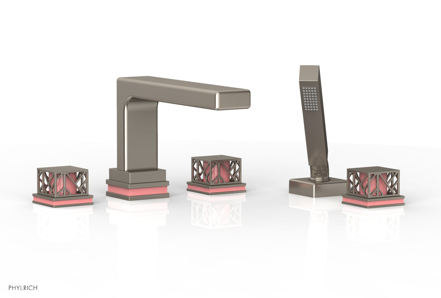 1-3/8" - Burnished Nickel - JOLIE Deck Tub Set with Hand Shower - Square Handles with "Pink" Accents 222-49 by Phylrich - New York Hardware