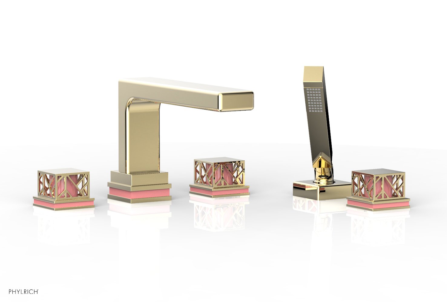 1-3/8" - Polished Chrome - JOLIE Deck Tub Set with Hand Shower - Square Handles with "Pink" Accents 222-49 by Phylrich - New York Hardware