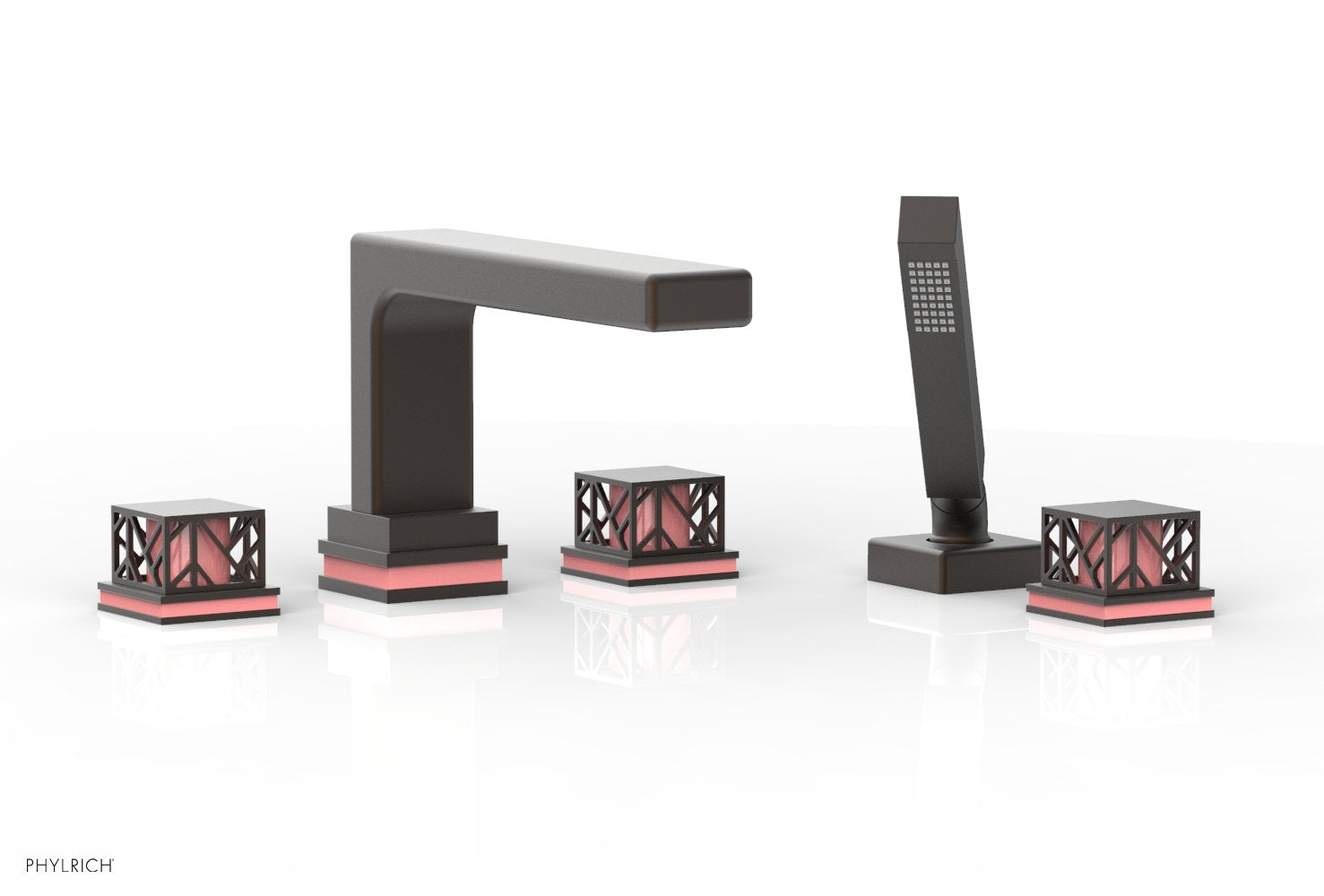 1-3/8" - Oil Rubbed Bronze - JOLIE Deck Tub Set with Hand Shower - Square Handles with "Pink" Accents 222-49 by Phylrich - New York Hardware