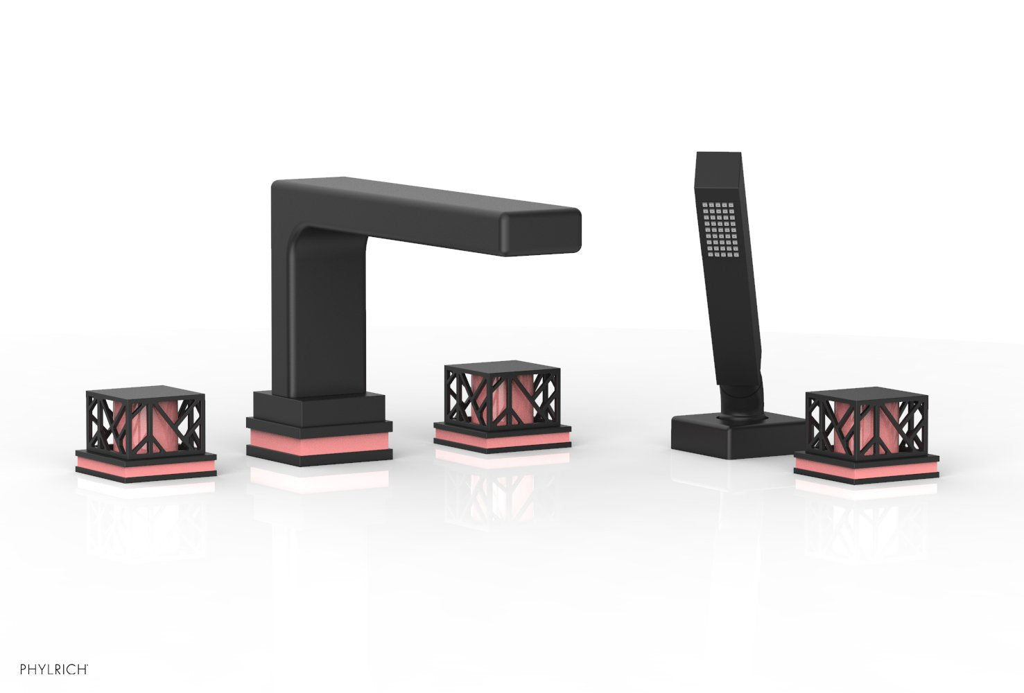 1-3/8" - Satin Nickel - JOLIE Deck Tub Set with Hand Shower - Square Handles with "Pink" Accents 222-49 by Phylrich - New York Hardware