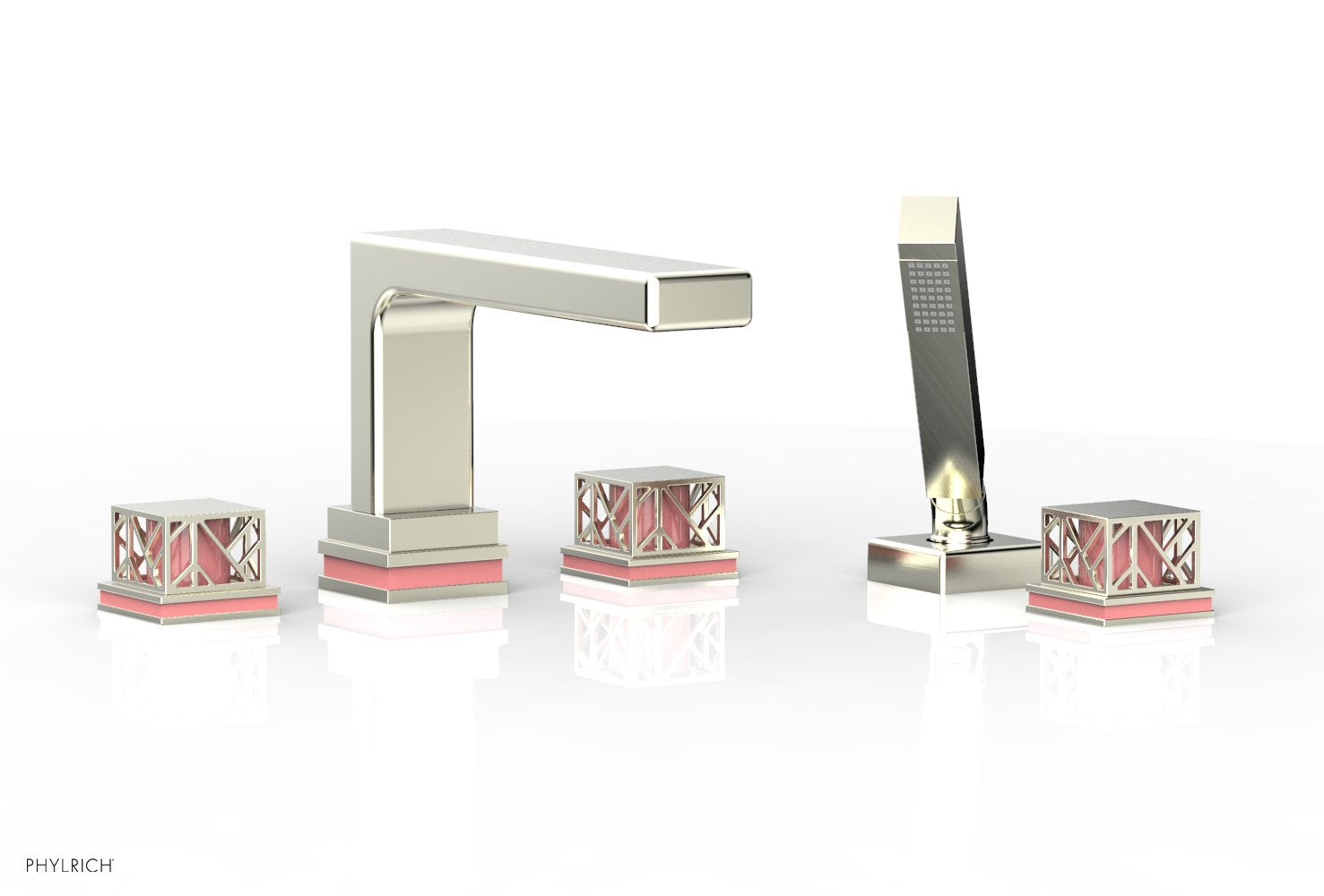 1-3/8" - Polished Brass - JOLIE Deck Tub Set with Hand Shower - Square Handles with "Pink" Accents 222-49 by Phylrich - New York Hardware