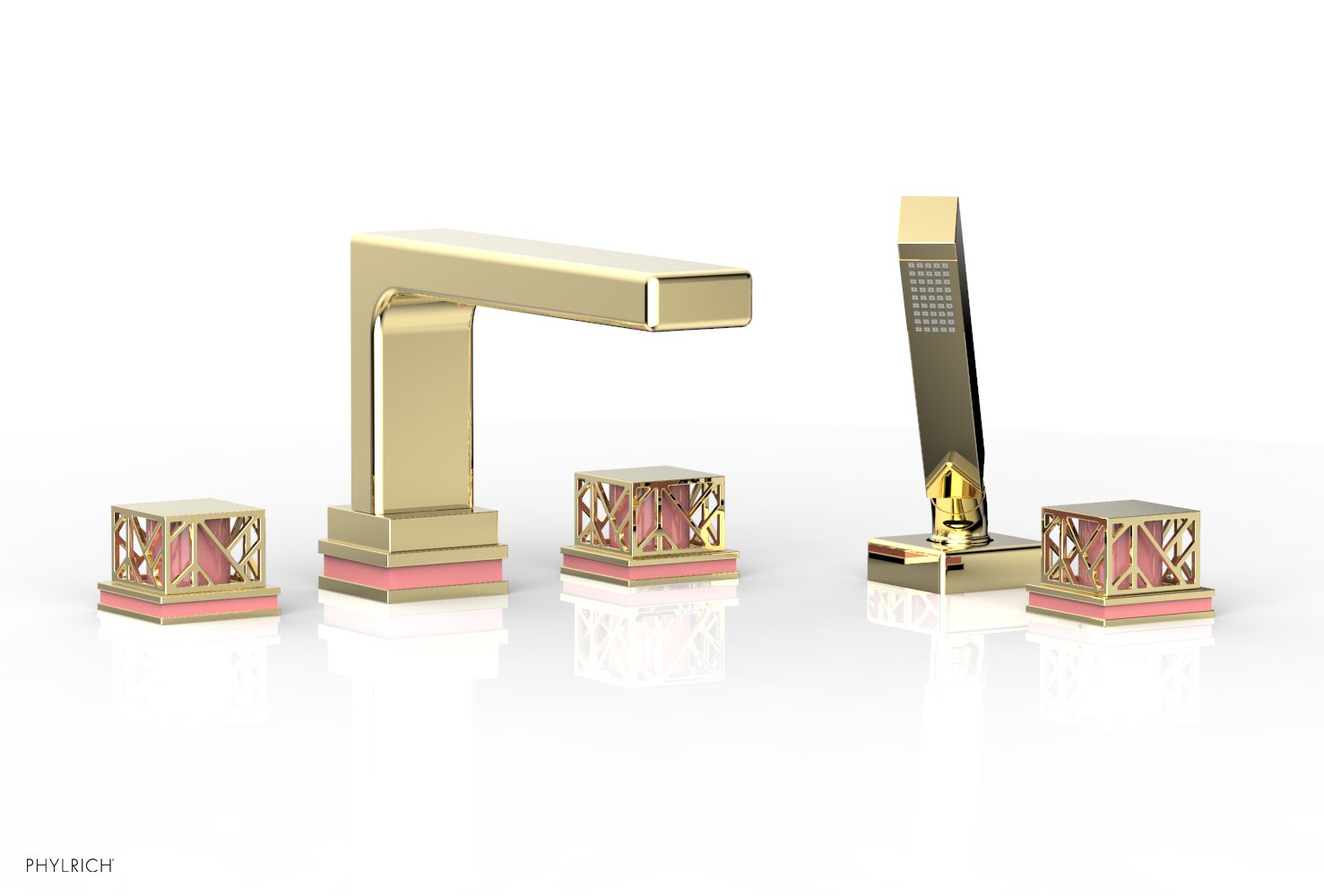 1-3/8" - French Brass - JOLIE Deck Tub Set with Hand Shower - Square Handles with "Pink" Accents 222-49 by Phylrich - New York Hardware