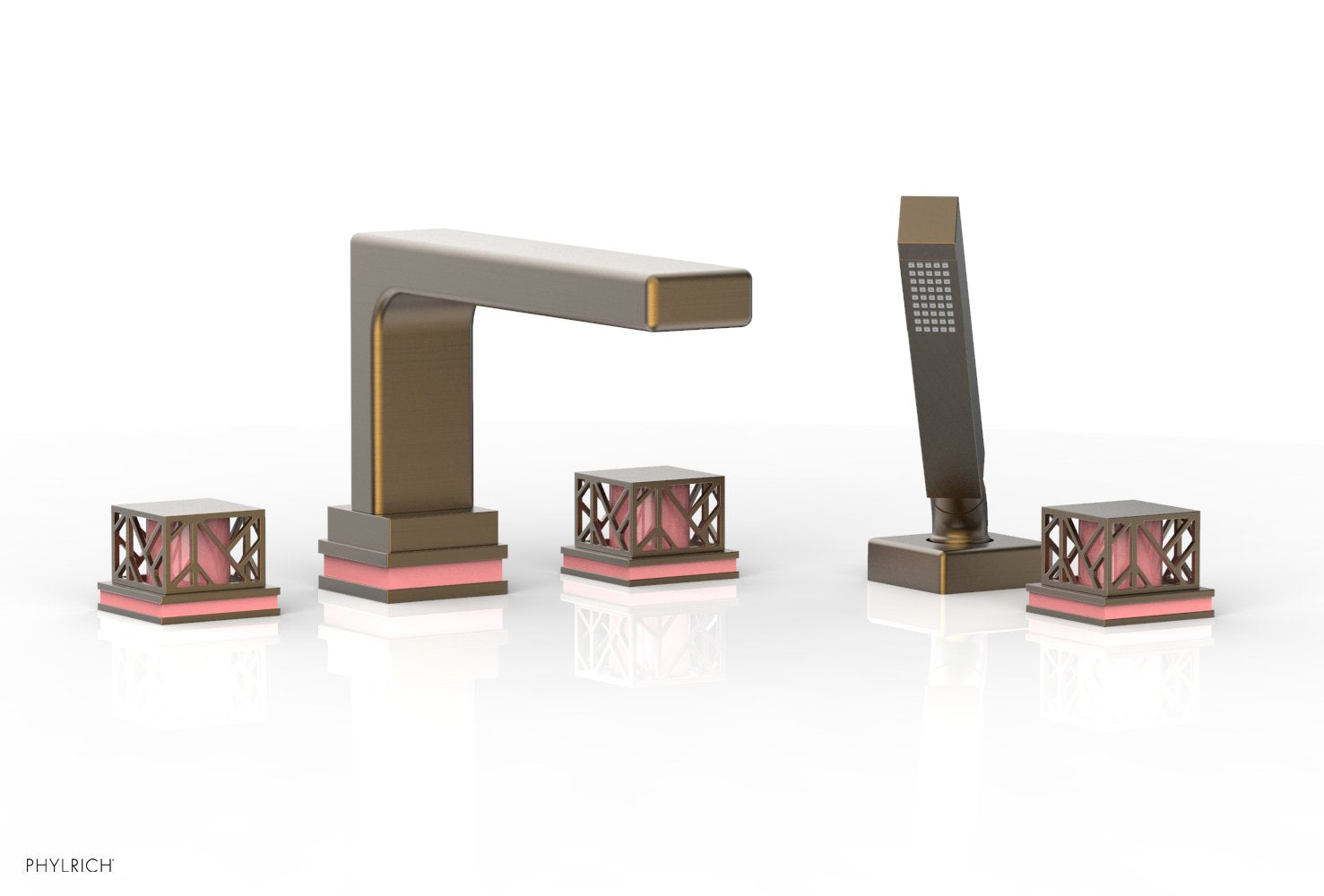 1-3/8" - Old English Brass - JOLIE Deck Tub Set with Hand Shower - Square Handles with "Purple" Accents 222-49 by Phylrich - New York Hardware