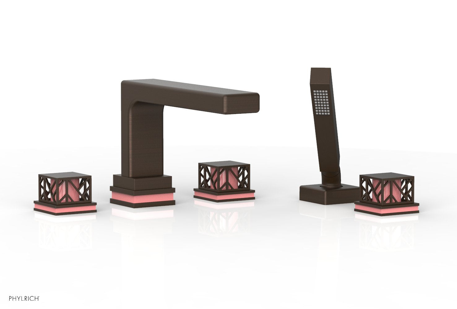 1-3/8" - Antique Bronze - JOLIE Deck Tub Set with Hand Shower - Square Handles with "Purple" Accents 222-49 by Phylrich - New York Hardware