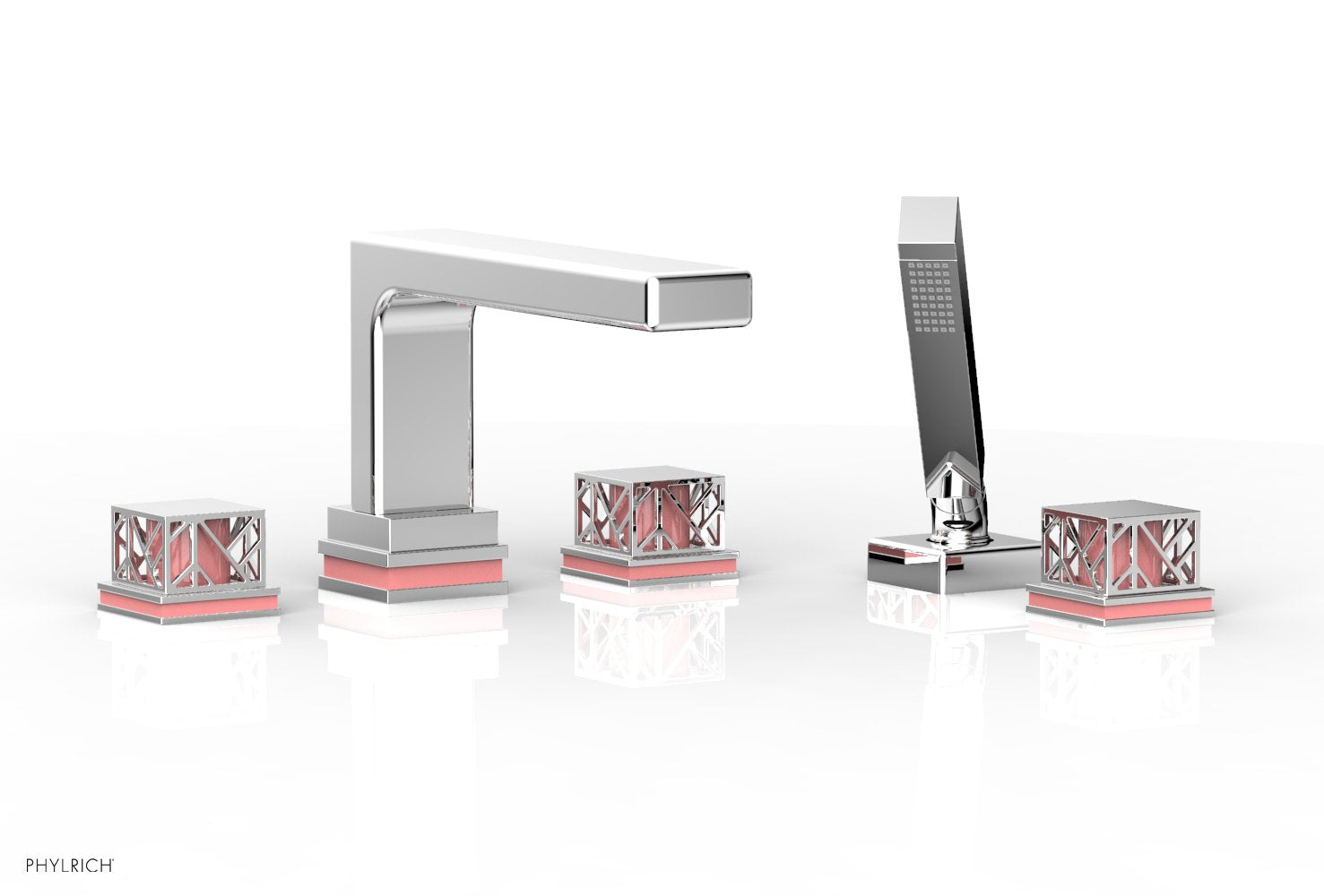 1-3/8" - Polished Chrome - JOLIE Deck Tub Set with Hand Shower - Square Handles with "Purple" Accents 222-49 by Phylrich - New York Hardware