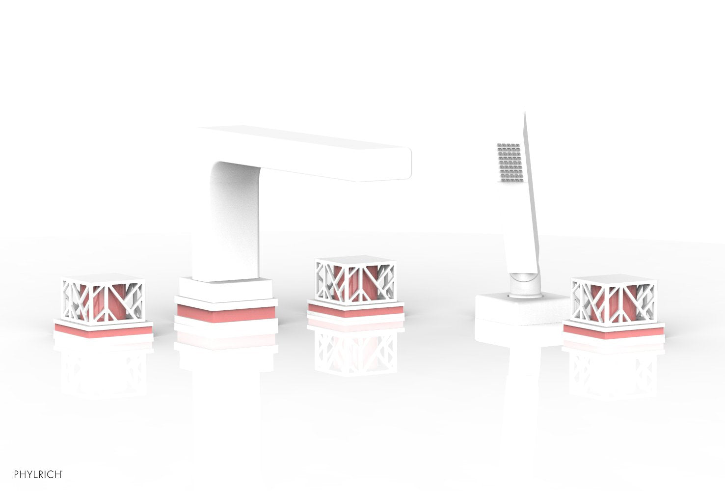 1-3/8" - Satin White - JOLIE Deck Tub Set with Hand Shower - Square Handles with "Purple" Accents 222-49 by Phylrich - New York Hardware