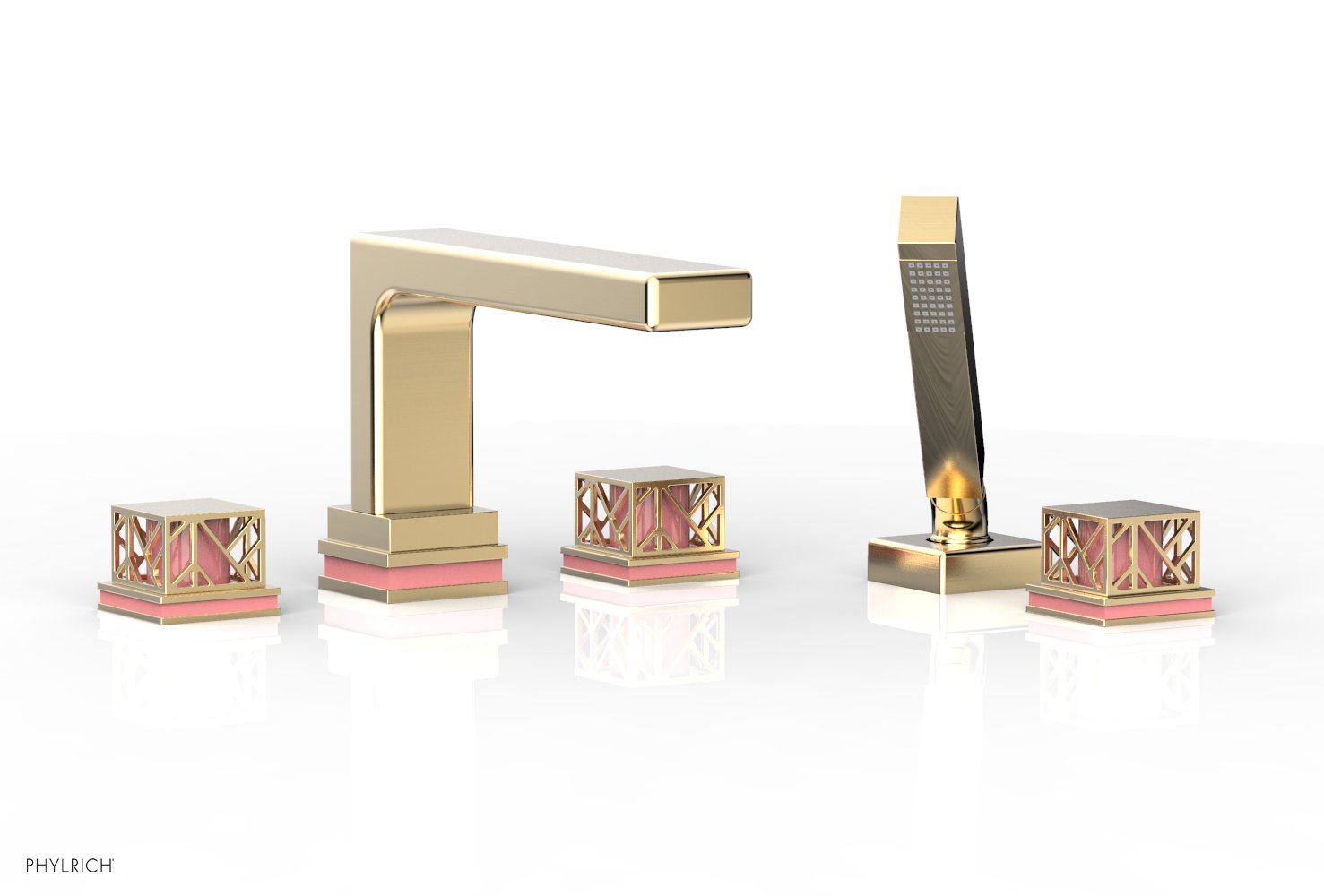 1-3/8" - Satin Brass - JOLIE Deck Tub Set with Hand Shower - Square Handles with "Purple" Accents 222-49 by Phylrich - New York Hardware