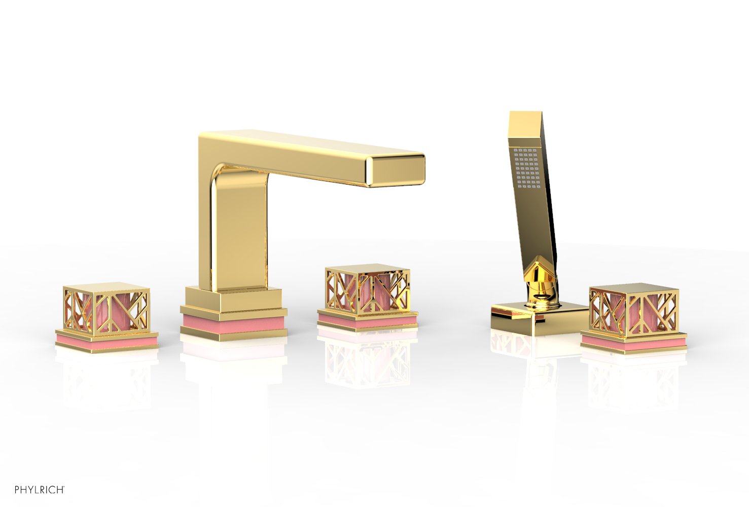 1-3/8" - Polished Gold - JOLIE Deck Tub Set with Hand Shower - Square Handles with "Purple" Accents 222-49 by Phylrich - New York Hardware