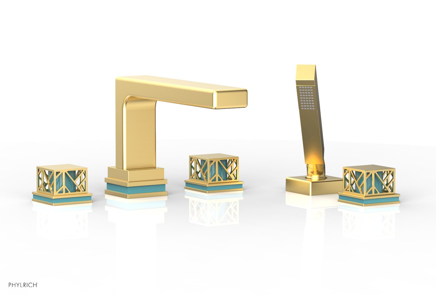 1-3/8" - Polished Chrome - JOLIE Deck Tub Set with Hand Shower - Square Handles with "Turquoise" Accents 222-49 by Phylrich - New York Hardware