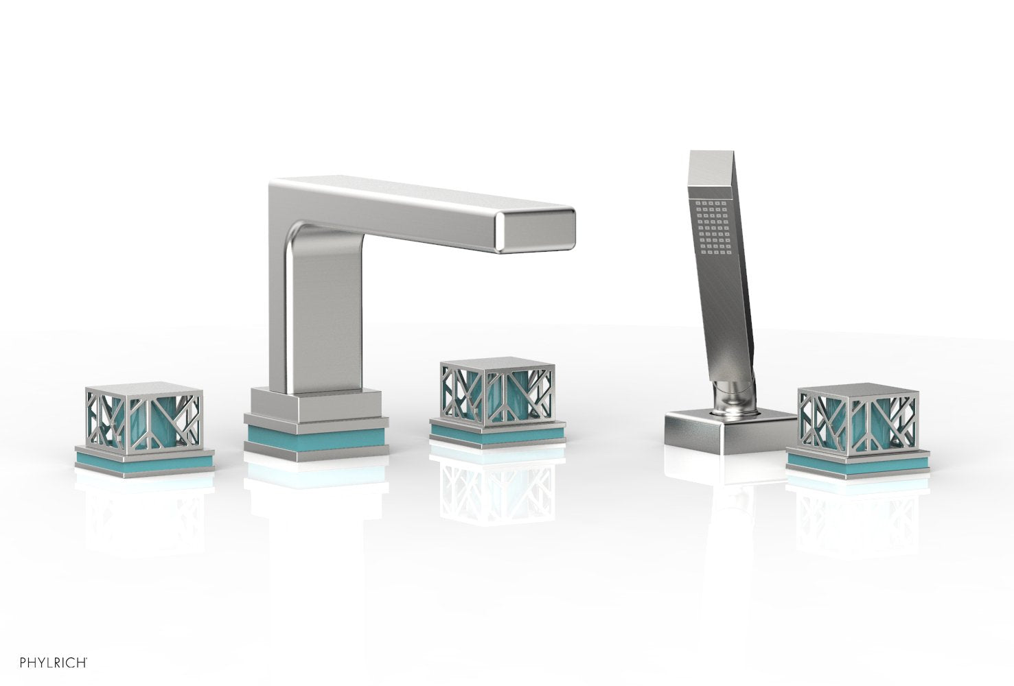 1-3/8" - Satin Chrome - JOLIE Deck Tub Set with Hand Shower - Square Handles with "Turquoise" Accents 222-49 by Phylrich - New York Hardware