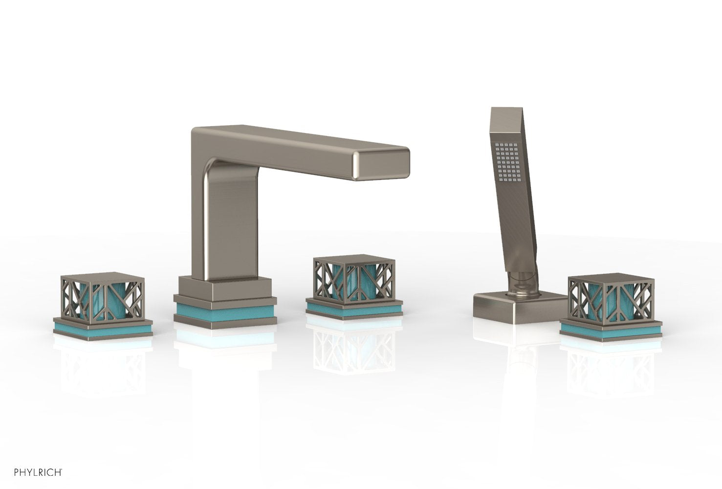 1-3/8" - Pewter - JOLIE Deck Tub Set with Hand Shower - Square Handles with "Turquoise" Accents 222-49 by Phylrich - New York Hardware