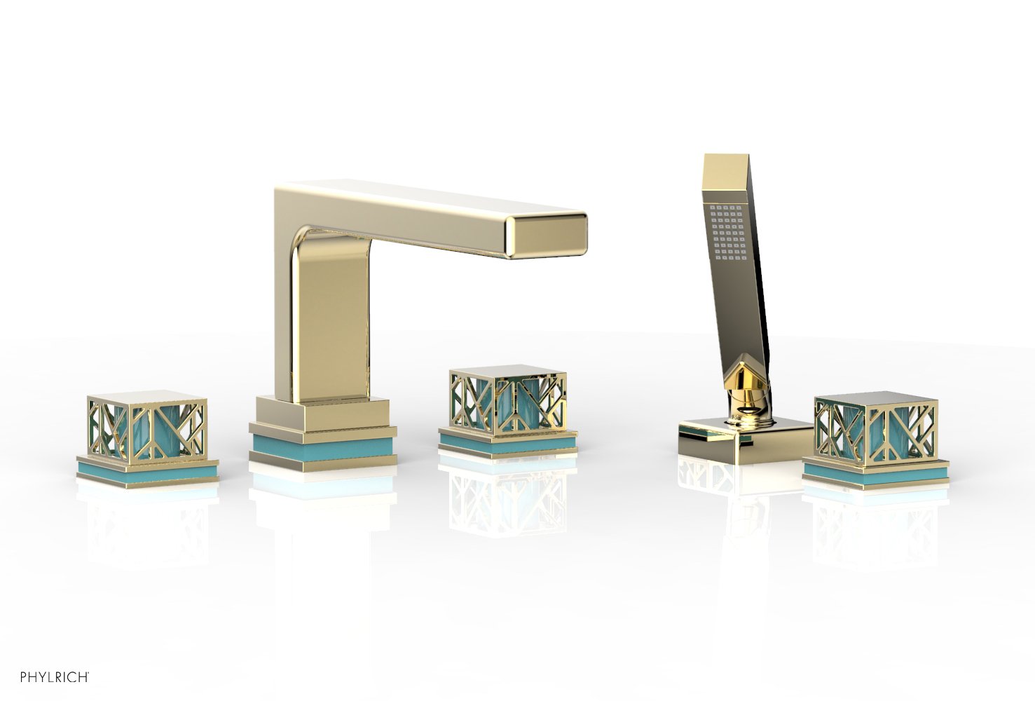 1-3/8" - Polished Brass Uncoated - JOLIE Deck Tub Set with Hand Shower - Square Handles with "Turquoise" Accents 222-49 by Phylrich - New York Hardware