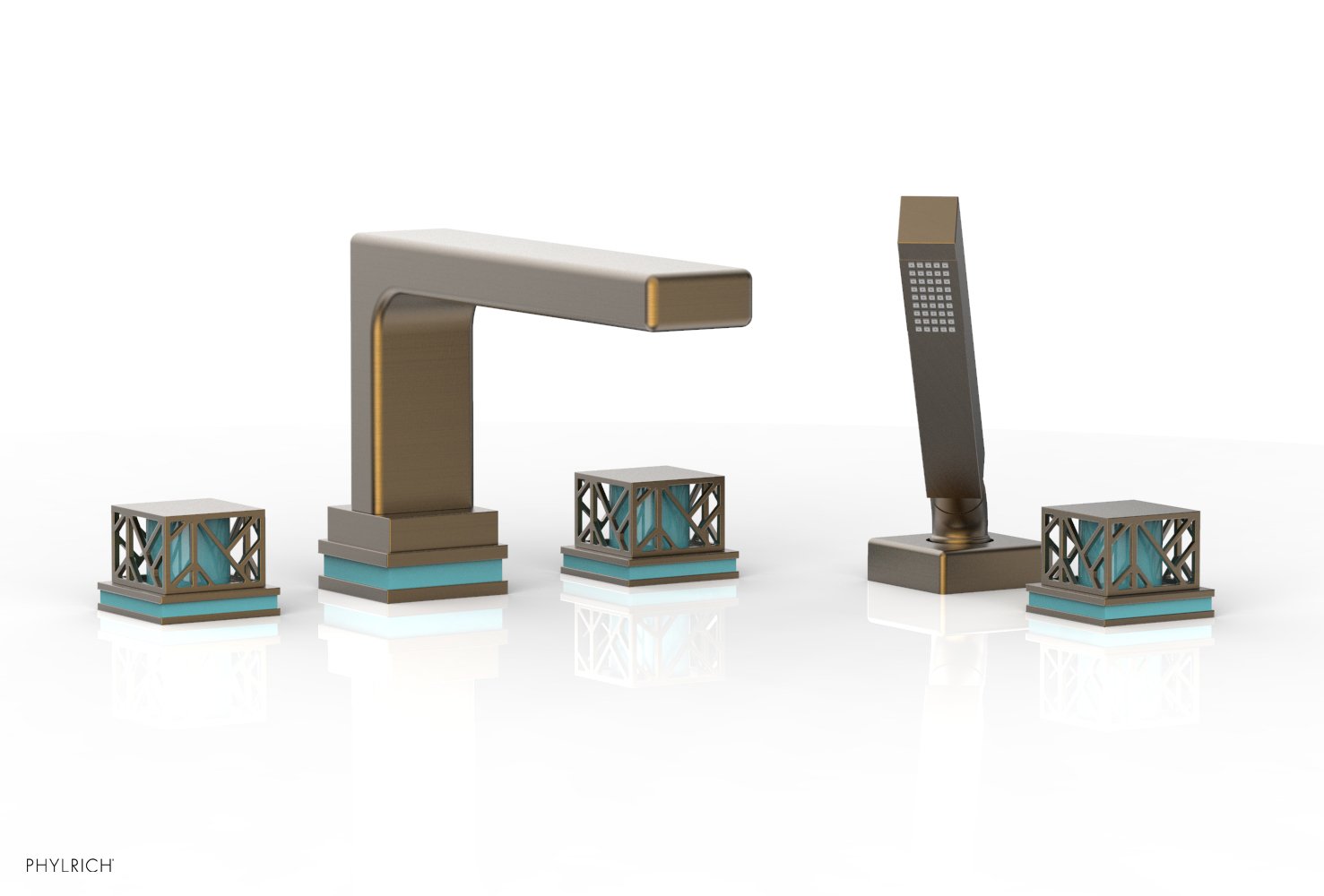 1-3/8" - Old English Brass - JOLIE Deck Tub Set with Hand Shower - Square Handles with "Turquoise" Accents 222-49 by Phylrich - New York Hardware