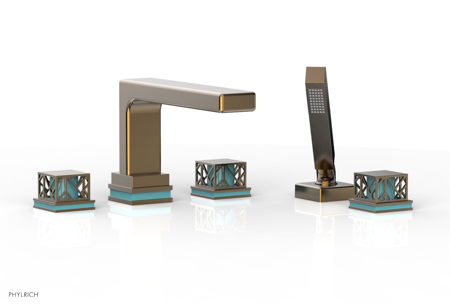 1-3/8" - Antique Brass - JOLIE Deck Tub Set with Hand Shower - Square Handles with "Turquoise" Accents 222-49 by Phylrich - New York Hardware