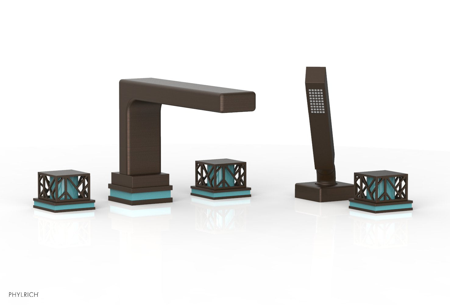 1-3/8" - Antique Bronze - JOLIE Deck Tub Set with Hand Shower - Square Handles with "Turquoise" Accents 222-49 by Phylrich - New York Hardware