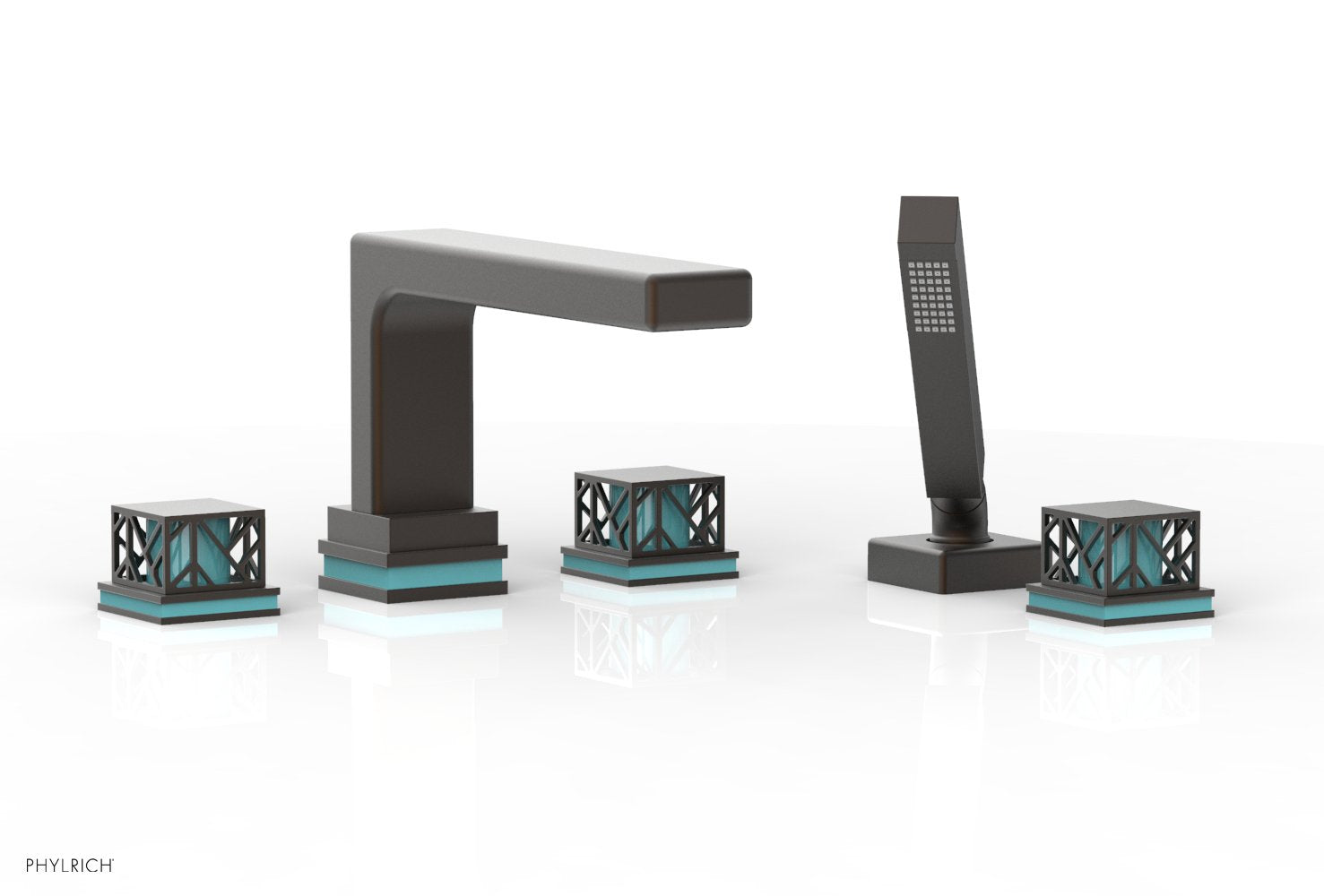 1-3/8" - Oil Rubbed Bronze - JOLIE Deck Tub Set with Hand Shower - Square Handles with "Turquoise" Accents 222-49 by Phylrich - New York Hardware