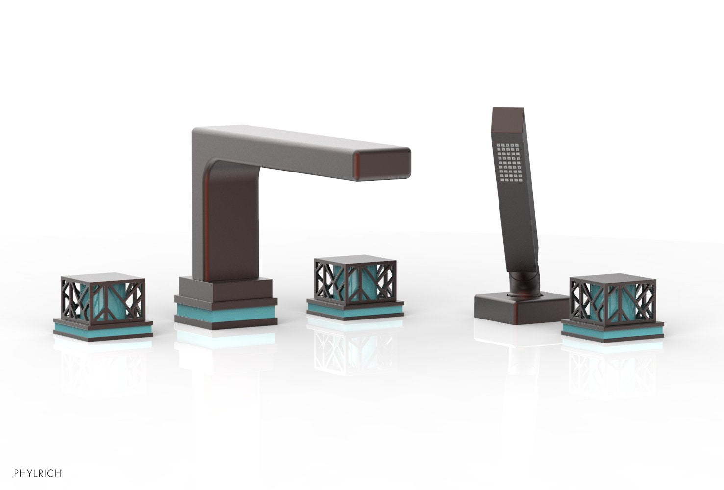 1-3/8" - Weathered Copper - JOLIE Deck Tub Set with Hand Shower - Square Handles with "Turquoise" Accents 222-49 by Phylrich - New York Hardware