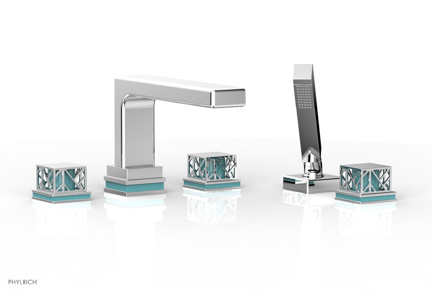 1-3/8" - Satin Brass - JOLIE Deck Tub Set with Hand Shower - Square Handles with "Turquoise" Accents 222-49 by Phylrich - New York Hardware