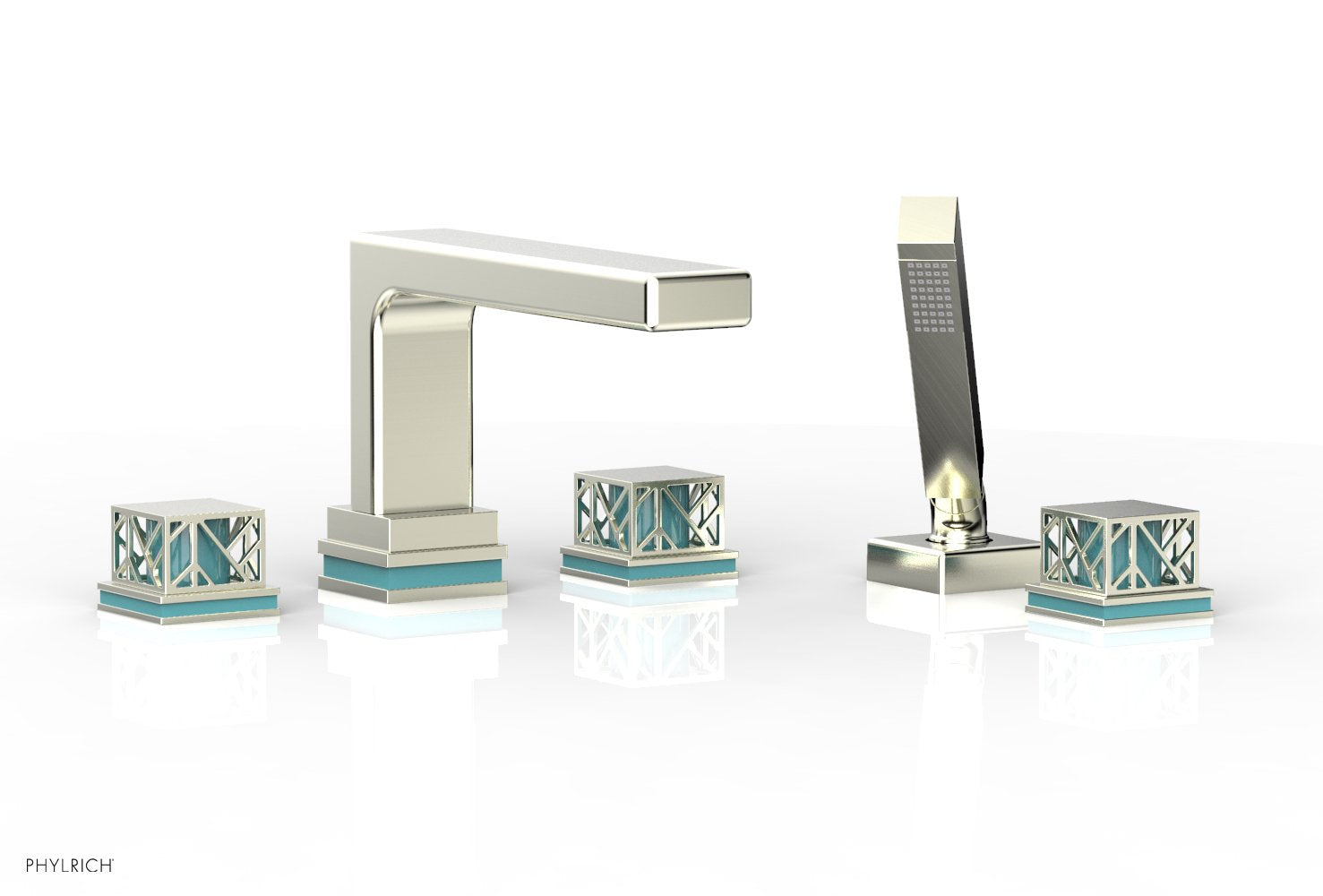 1-3/8" - Polished Brass - JOLIE Deck Tub Set with Hand Shower - Square Handles with "Turquoise" Accents 222-49 by Phylrich - New York Hardware