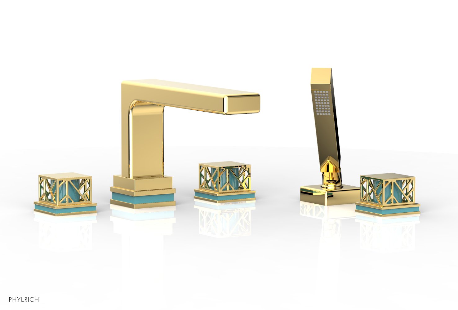 1-3/8" - Satin Gold - JOLIE Deck Tub Set with Hand Shower - Square Handles with "Turquoise" Accents 222-49 by Phylrich - New York Hardware