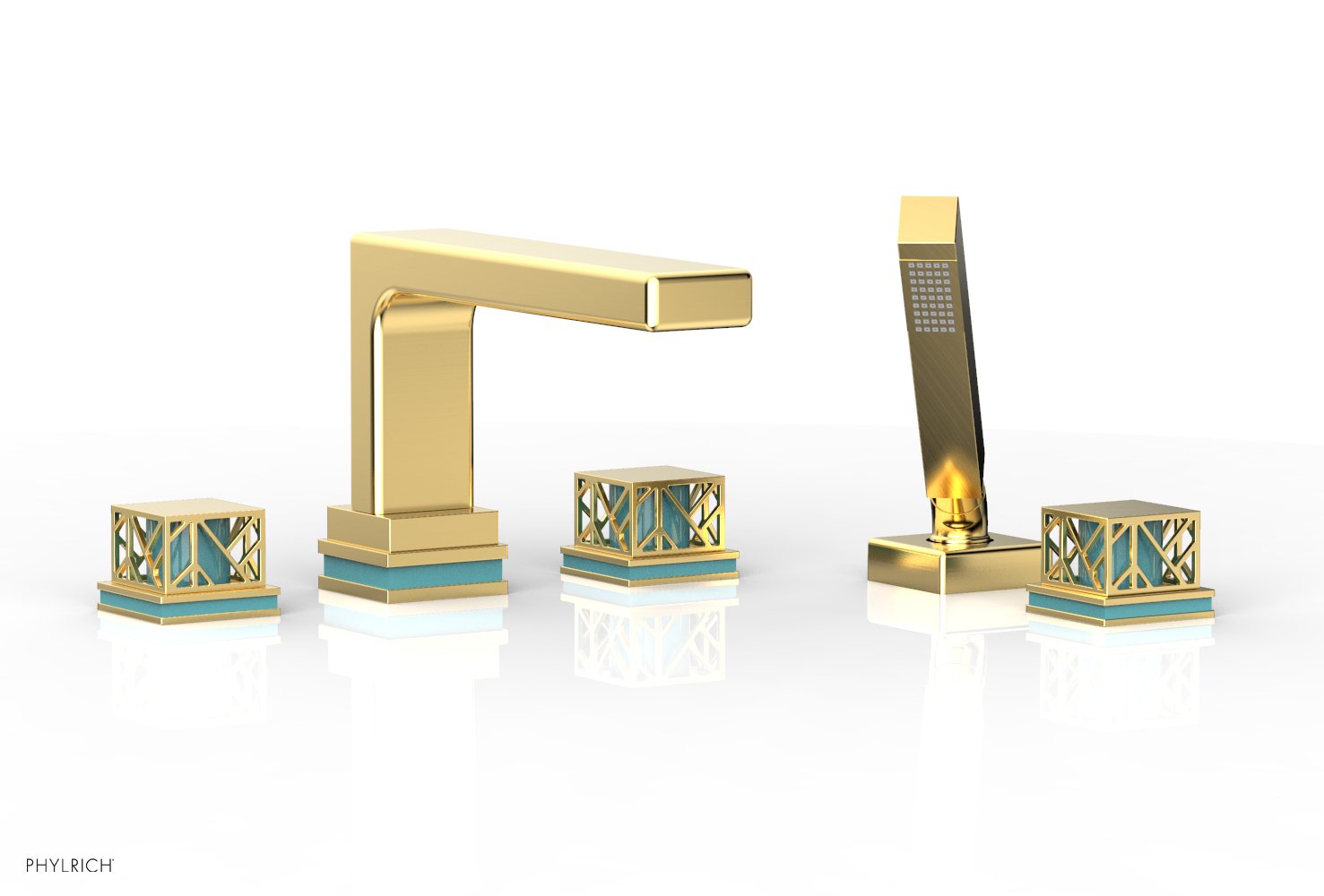 1-3/8" - Burnished Gold - JOLIE Deck Tub Set with Hand Shower - Square Handles with "Turquoise" Accents 222-49 by Phylrich - New York Hardware