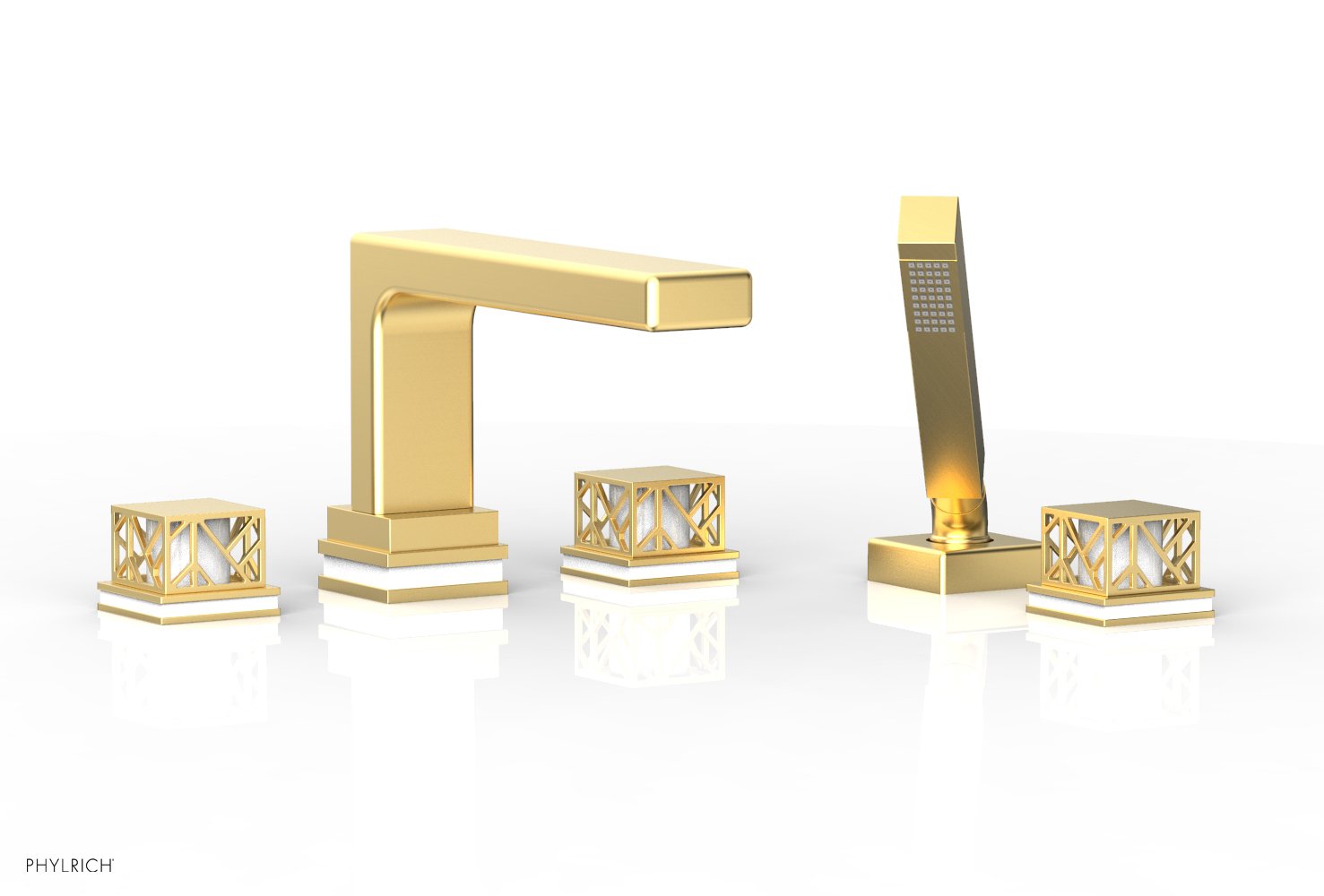 1-3/8" - Burnished Gold - JOLIE Deck Tub Set with Hand Shower - Square Handles with "White" Accents 222-49 by Phylrich - New York Hardware