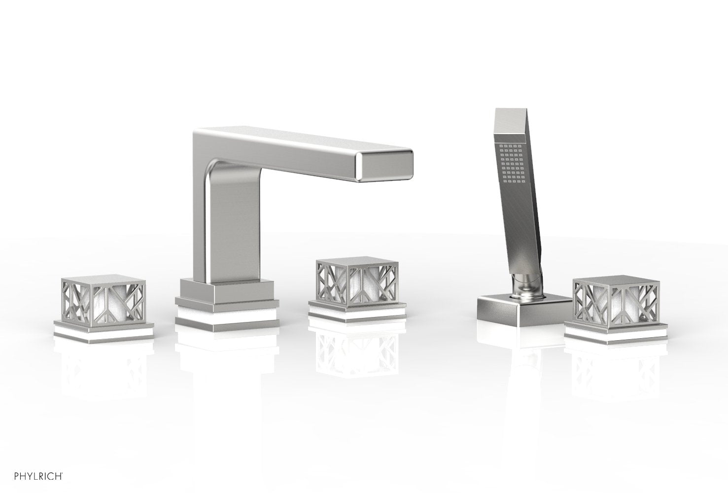 1-3/8" - Satin Chrome - JOLIE Deck Tub Set with Hand Shower - Square Handles with "White" Accents 222-49 by Phylrich - New York Hardware