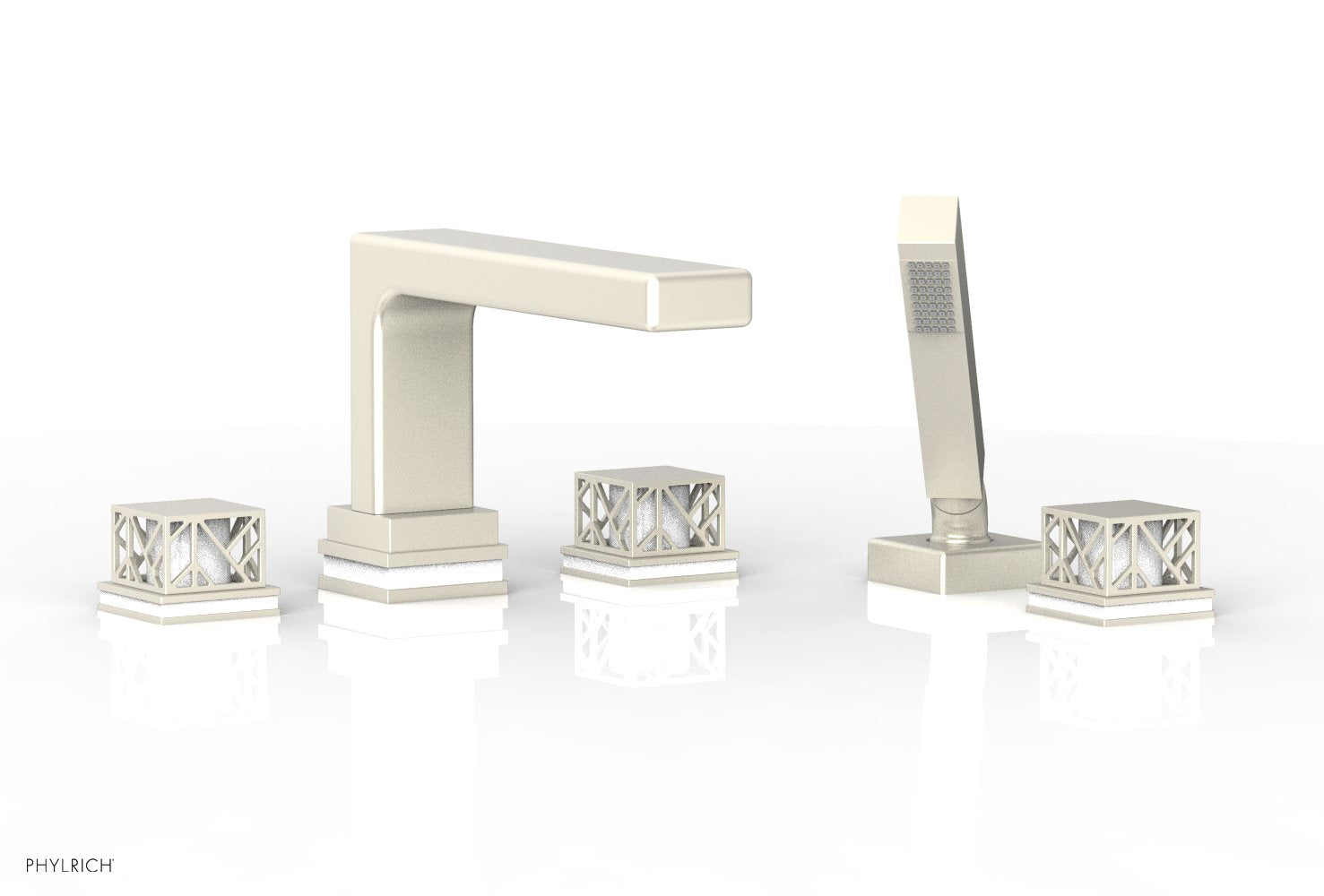 1-3/8" - Burnished Nickel - JOLIE Deck Tub Set with Hand Shower - Square Handles with "White" Accents 222-49 by Phylrich - New York Hardware