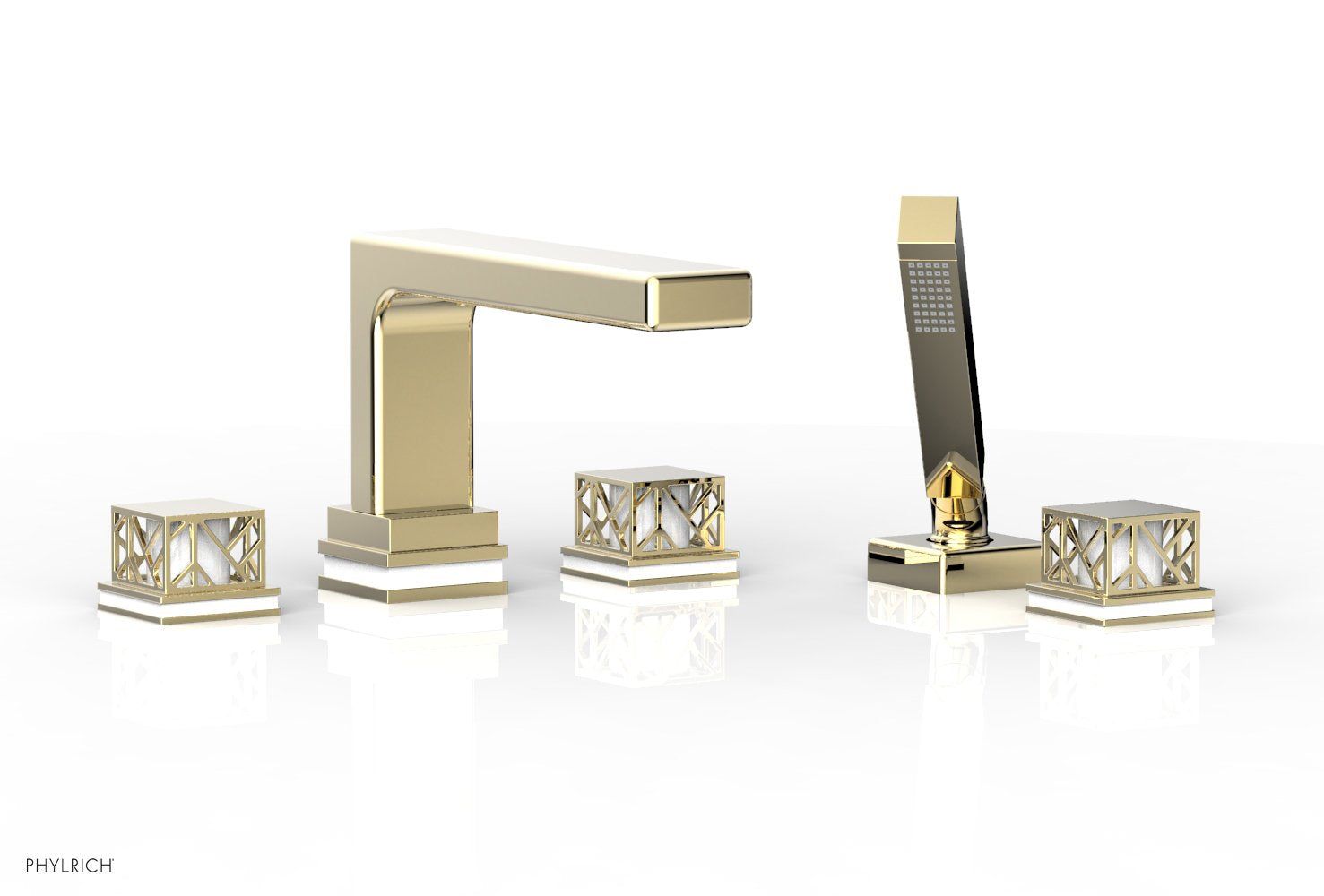 1-3/8" - Polished Brass Uncoated - JOLIE Deck Tub Set with Hand Shower - Square Handles with "White" Accents 222-49 by Phylrich - New York Hardware