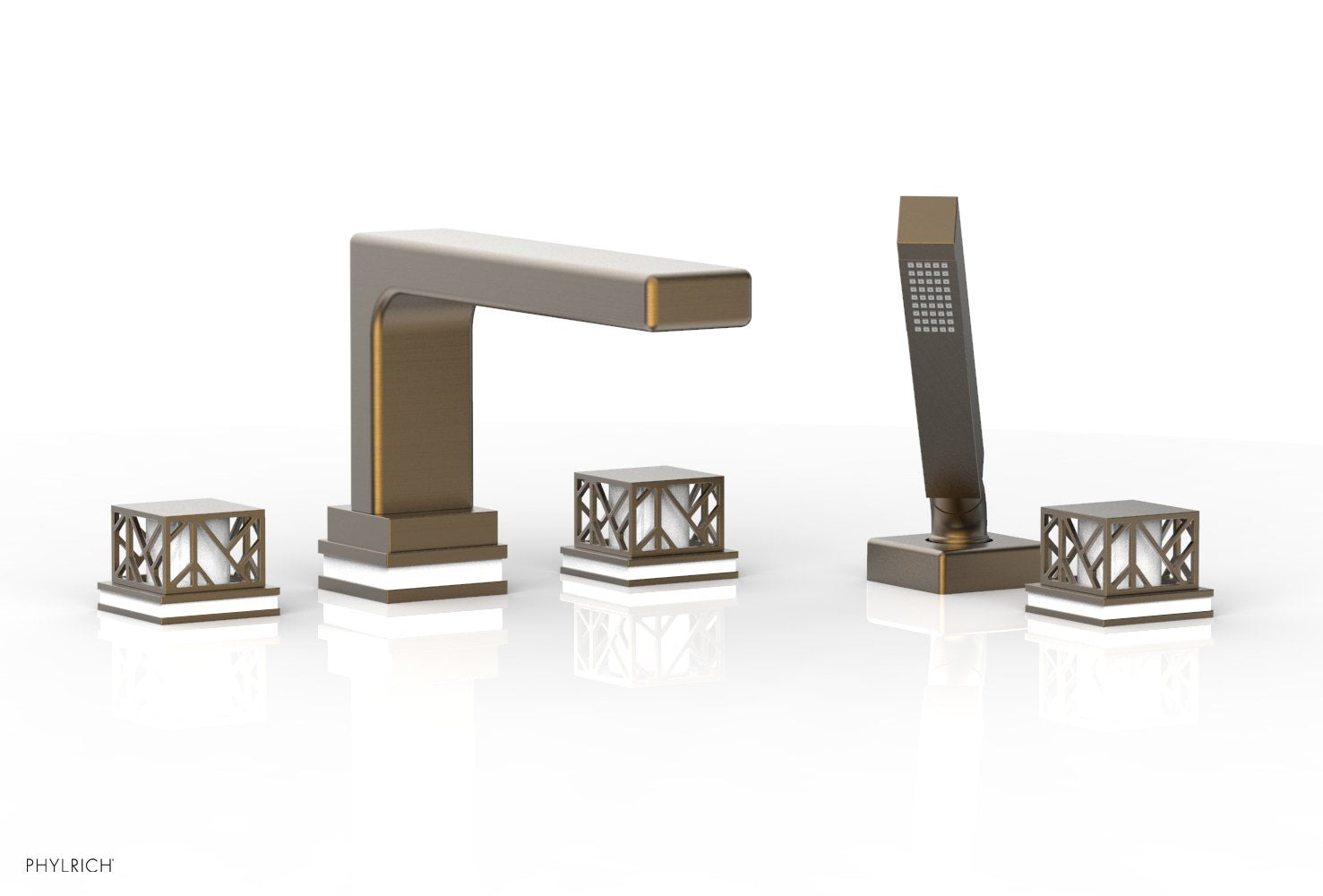 1-3/8" - Old English Brass - JOLIE Deck Tub Set with Hand Shower - Square Handles with "White" Accents 222-49 by Phylrich - New York Hardware