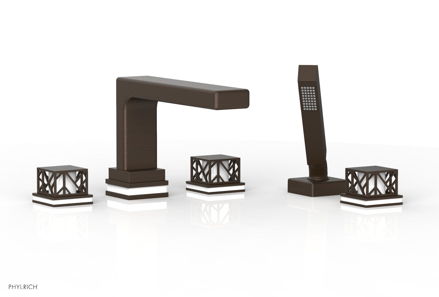 1-3/8" - Antique Bronze - JOLIE Deck Tub Set with Hand Shower - Square Handles with "White" Accents 222-49 by Phylrich - New York Hardware