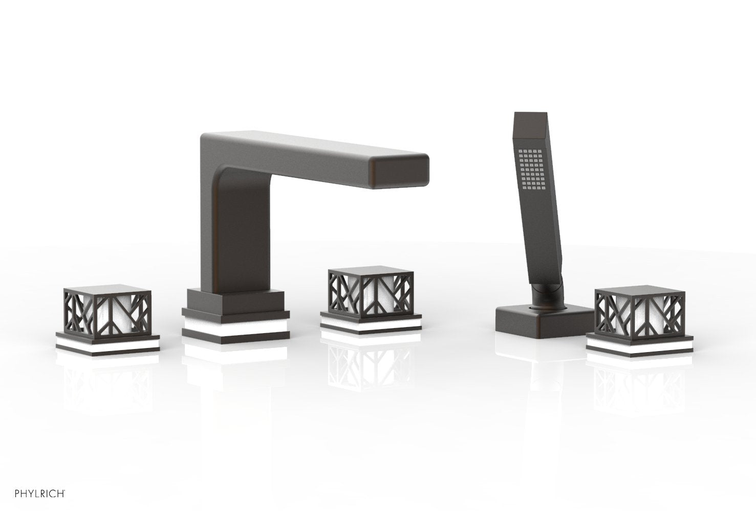 1-3/8" - Oil Rubbed Bronze - JOLIE Deck Tub Set with Hand Shower - Square Handles with "White" Accents 222-49 by Phylrich - New York Hardware